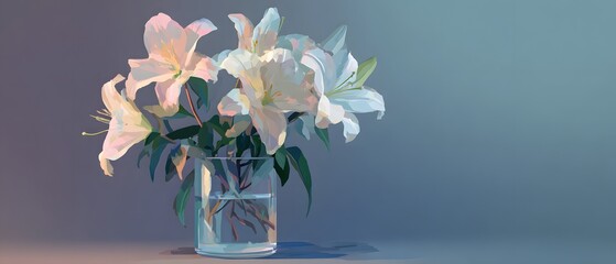 White lilies illuminate a muted background from a clear glass container