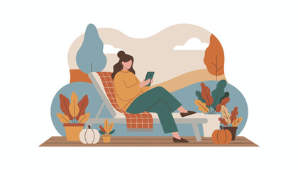 Cozy autumn leisure Woman relaxing on a deck chair scrolling on her smartphone outdoors