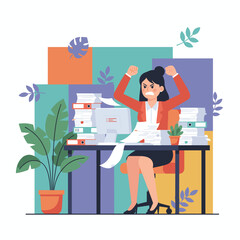 Overwhelmed businesswoman frustrated with huge workload and office stress raising fists in anger