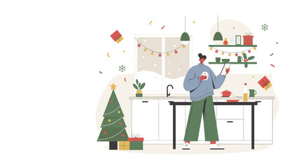Festive kitchen setting person uses phone for holiday planning cooking or shopping