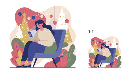 Woman feeling lonely and sad scrolling on phone during holidays near decorated Christmas trees