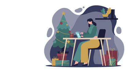 Naklejka premium Remote work during Christmas Woman using tabletlaptop near a decorated tree and holiday gifts