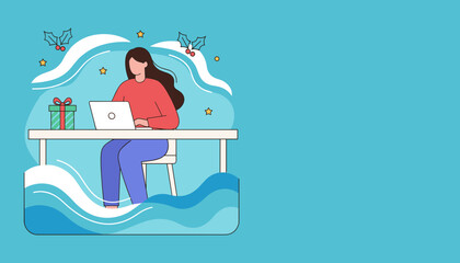 Woman working on a laptop during the festive season handling holiday tasks or online shopping