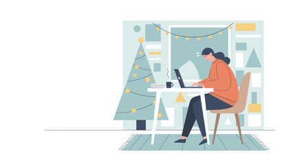 Stressed woman working on a laptop in a festive home office decorated with a Christmas tree