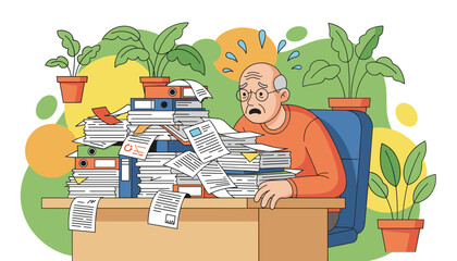 Stressed worker buried under a massive pile of office paperwork and files Burnout concept