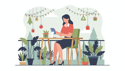 Remote work during the holidays Woman using a tablet on a festive balcony decorated with lights
