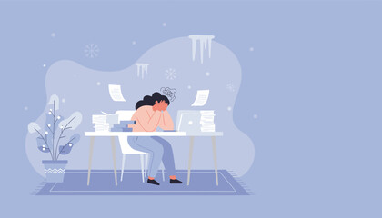 Woman stressed by winter bluesSAD and work burnout overwhelmed by papers and computer