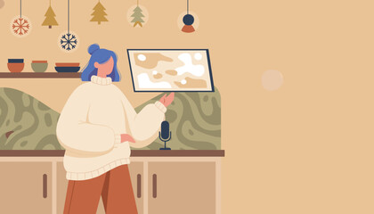 Woman holding tablet in a cozy home podcasting or planning during winter holidays