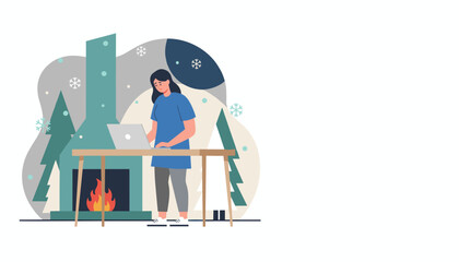 Stressed woman works remotely on laptop by a cozy fireplace during winter Work from home concept