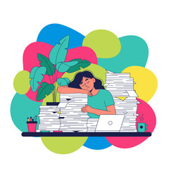 Exhausted woman sleeping on huge piles of paperwork and documents Overwork stress concept