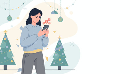 Angry woman struggles with mobile phone errors and notification spam at Christmas