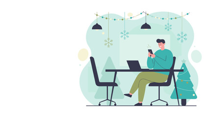 A happy man uses a phone at a decorated desk mixing work and Christmas holidays