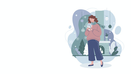 Cozy woman uses phone by fireplace during winter holidays flat vector illustration