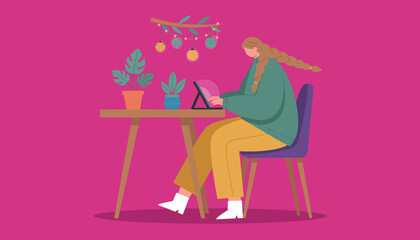 Cozy remote work setup Woman uses tablet at decorated desk with pink background