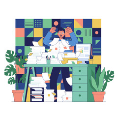 Overwhelmed employee buried under piles of documents illustrates work overload stress and bureaucracy