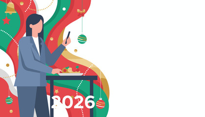 Professional woman at festive corporate holiday event 2026 flat vector illustration template