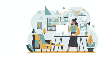 Happy woman working efficiently at decorated winter home office desk Remote work and festive productivity