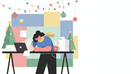 Holiday work stress Woman exhausted sleeping at her office desk surrounded by paperwork and Christmas decor