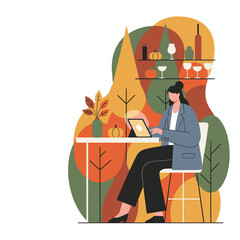 Woman working on a tablet in an autumnal indoor workspace Remote business concept