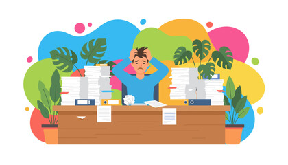 Stressed businessman overwhelmed by huge stacks of paperwork facing burnout in the office