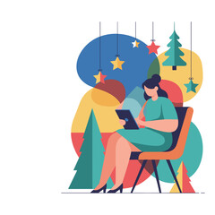 Woman uses a tablet in a colorful festive setting with Christmas trees Holiday online shopping concept