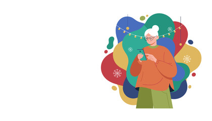 Senior woman using smartphone during holidays festive modern vector design