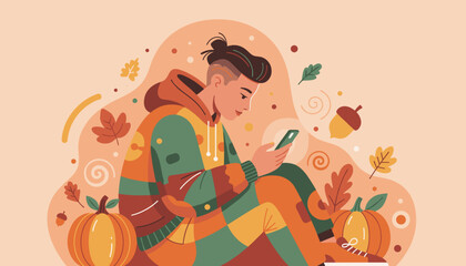 Young person using smartphone in cozy autumn setting with pumpkins and falling leaves