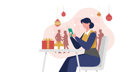 Festive season shopping Woman using smartphone near gifts and ornaments in a busy modern setting