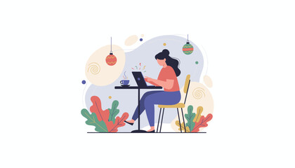Digital nomad works on laptop at a cafe table with coffee and subtle holiday decoration