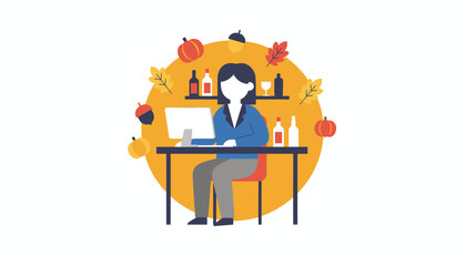 Business person working on a computer surrounded by autumn decor and wine bottles