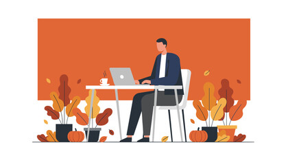 Remote work during autumn Man using laptop at an outdoor table with coffee and fall decor