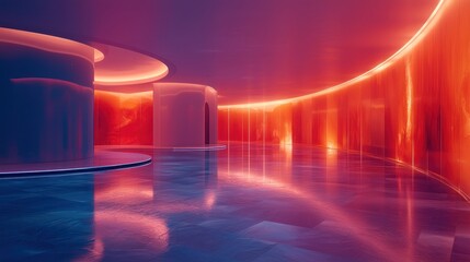Futuristic hall with curved wall, lit with vibrant red & purple, blue marble floor