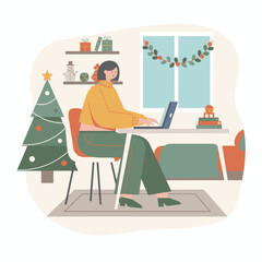 Remote worker using laptop in cozy Christmasdecorated home office