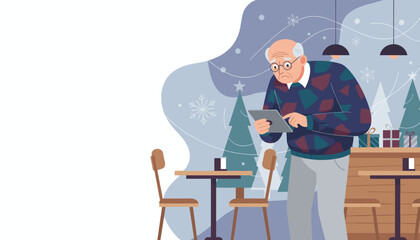 Elderly man using a tablet at a winter cafe difficulty technology and holiday shopping illustration