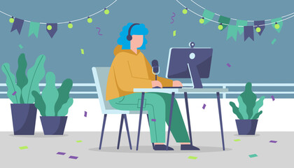 Streamer or podcaster creating content at a decorated desk for a virtual party or broadcast