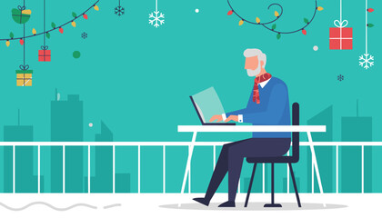 Senior man working on a laptop outdoors in a snowy festive city setting Holiday business concept