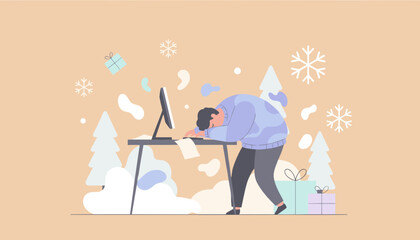 Exhausted employee asleep at desk during the winter holiday season Work burnout concept