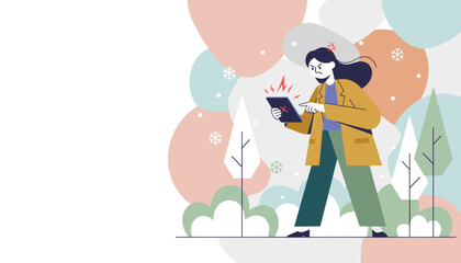 Frustrated woman facing connectivity issues on her tablet outdoors in a stylized winter landscape