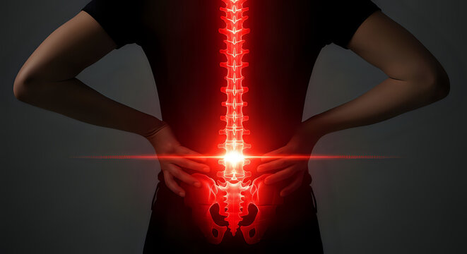 Woman experiencing intense lower back pain highlighted with glowing red spine, seeking relief and medical attention