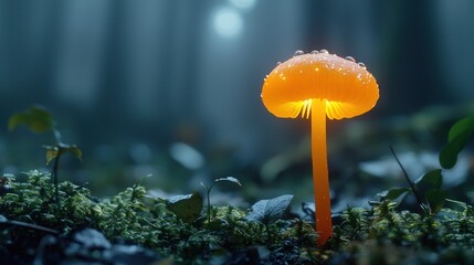 Glowing orange mushroom on mossy ground, forest background
