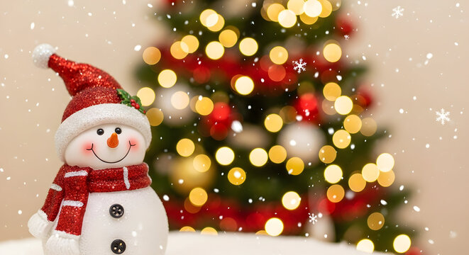 Cute snowman figurine with red hat and scarf in front of blurred Christmas tree lights and falling snow