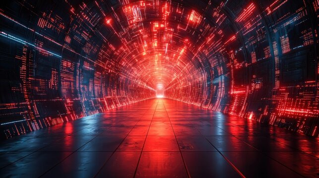 Illuminated tech tunnel with red and blue circuit patterns on walls and floor - Powered by Adobe