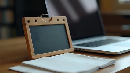 Workspace with Chalkboard, Laptop, and Notebook