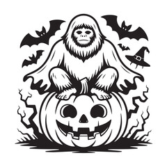 Obraz premium Bigfoot sitting on a pumpkin isolated on white background for halloween