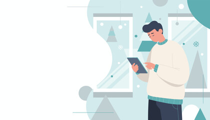 Cozy man uses digital tablet for shopping or leisure during the winter holiday season
