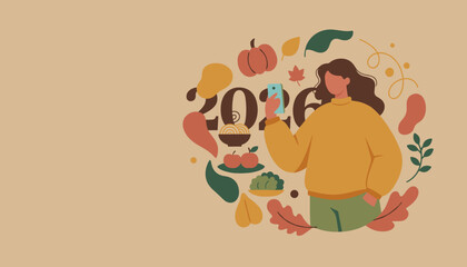 Fall 2026 planning Woman with smartphone surrounded by seasonal harvest elements and leaves