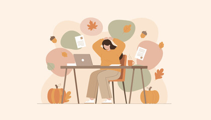 Stressed woman at work with laptop in autumn setting struggling with deadlines and task overload