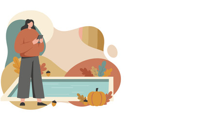 Woman using a smartphone in a cozy autumn setting with a pumpkin and abstract foliage Copy space