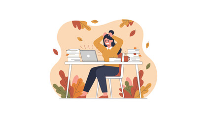 Stressed woman overwhelmed by work overload and deadlines at her autumn office desk Burnout illustration