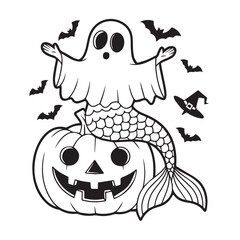 Fototapeta premium Cute mermaid ghost on a pumpkin isolated on white background for party